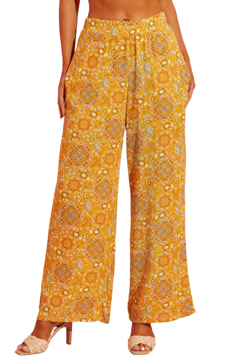 Bottoms/Pants & Culotte Yellow Bohemian Floral Print Pocketed Wide Leg Pants