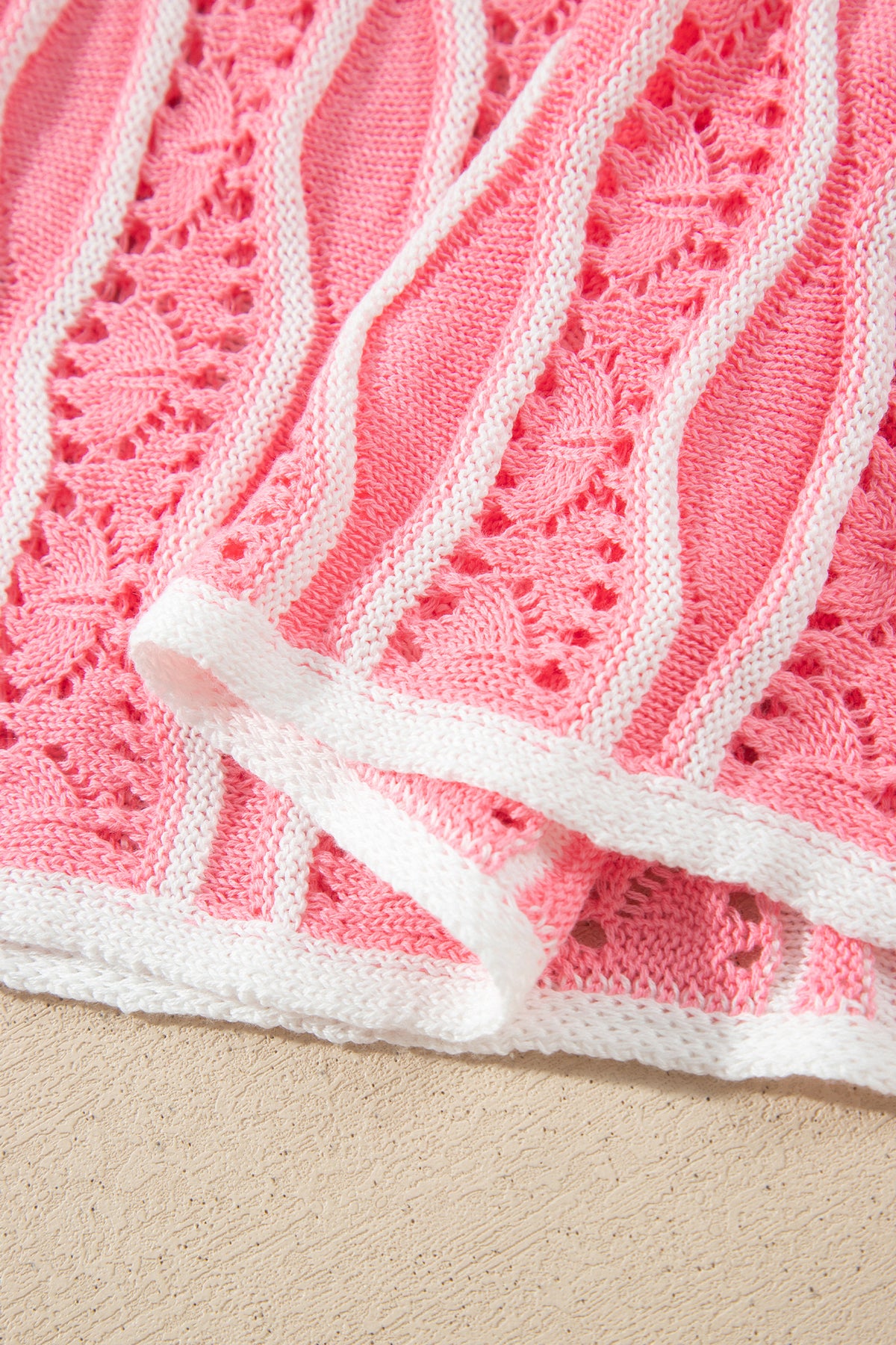Pink Wavy Detail Hollow Out Knit Long Sleeve Cotton Pullover Sweater