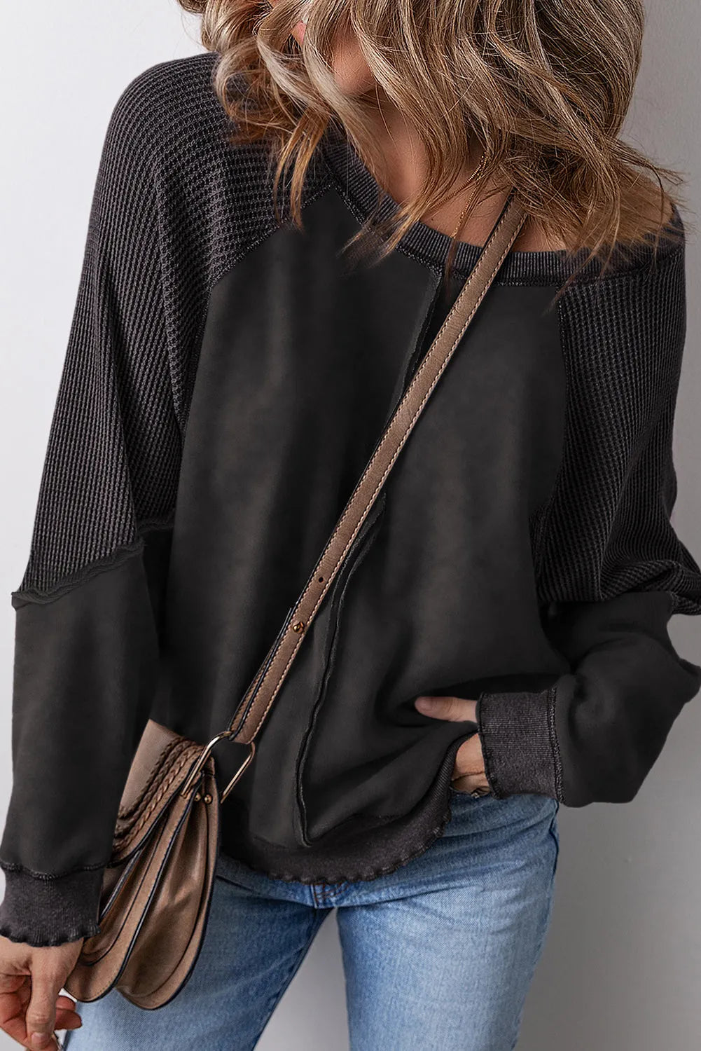 Black Solid Waffle Knit Patchwork Raglan Sleeve Sweatshirt - Chic Meadow Boutique 