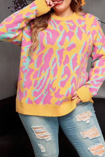 Bright Pink Plus Size Leopard Ribbed Trim Sweater - Chic Meadow Boutique 