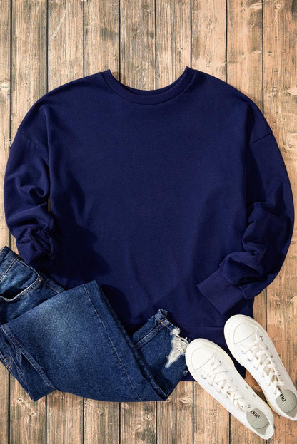 Tops/Sweatshirts & Hoodies Navy Blue Solid O Neck High Low Hem Pullover Sweatshirt