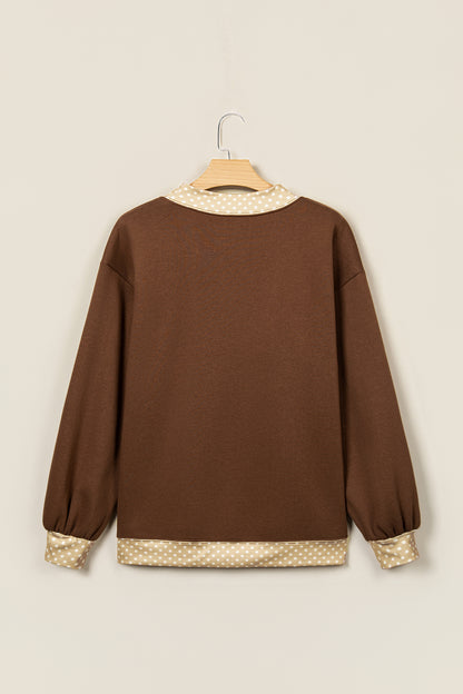 Coffee Polka Dot Trim High Neck BLESSED Letter Graphic Baggy Sweatshirt