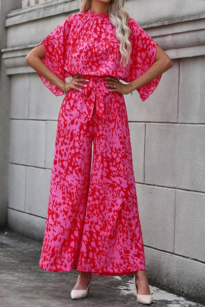 Rose Leopard Loose Sleeve Belted Wide Leg Jumpsuit - Chic Meadow Boutique 