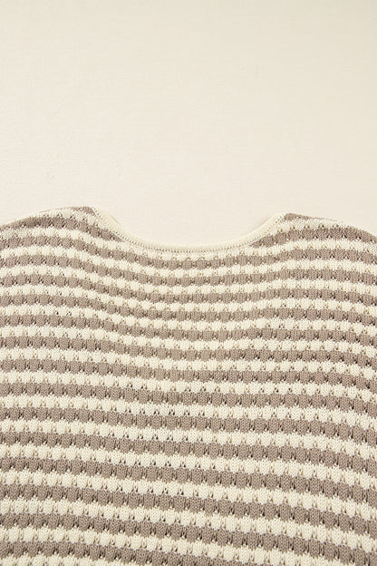 Khaki Stripe Plus Size V Neck Drop Shoulder Sweater