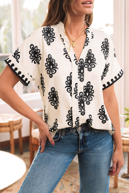 Black Geometric Print Short Sleeve V Neck Blouse