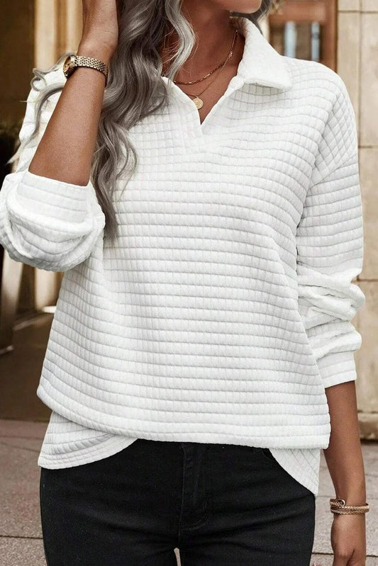 Tops/Long Sleeve Tops White / S / 97%Polyester+3%Elastane White Quilted Texture Sporty Collared Long Sleeve Top