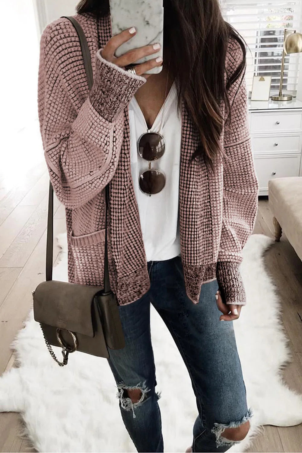 Pink Chunky Waffle Knit Oversized Collar Cardigan - Chic Meadow Boutique 