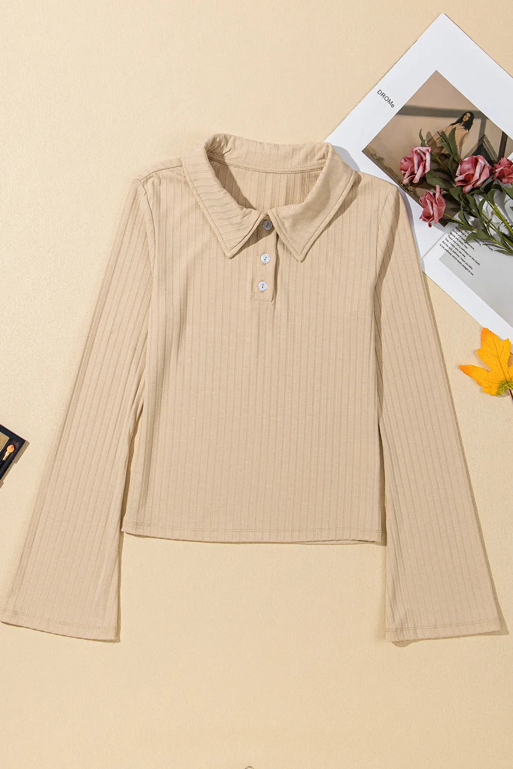 Beige Ribbed Buttoned Collar Long Sleeve Slim Fit Top - Chic Meadow Boutique 