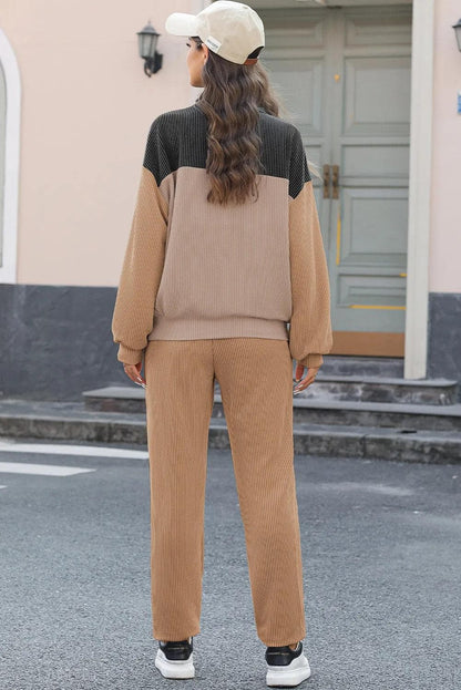 Two Piece Sets/Pant Sets Khaki Corded 2pcs Colorblock Pullover and Pants Outfit