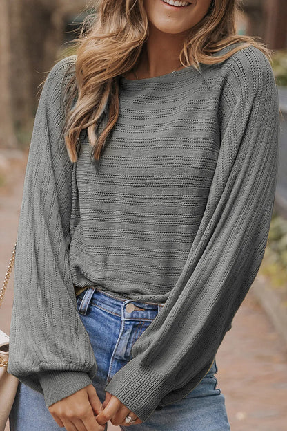 Dark Grey Lantern Sleeve Eyelets Textured Knit Sweater - Chic Meadow Boutique 