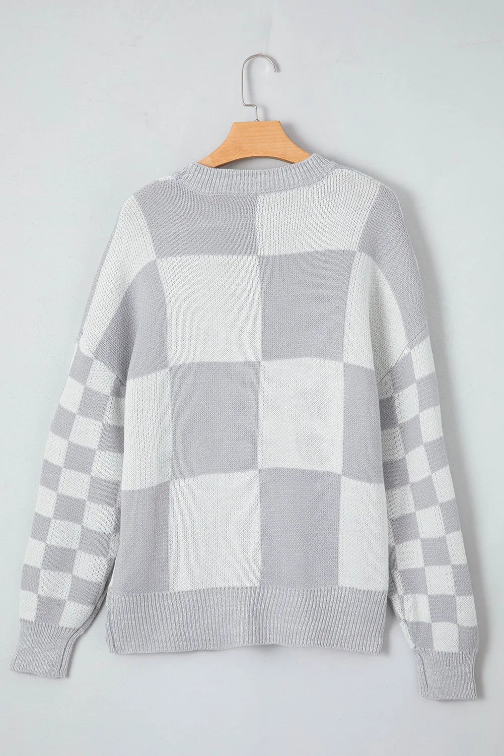 Medium Grey Checkered Print Drop Shoulder Sweater - Chic Meadow Boutique 