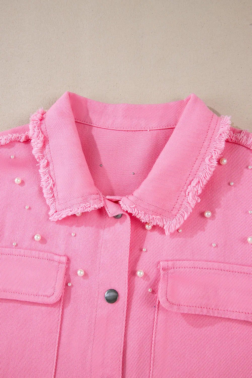 Bonbon Pearl Beaded Raw Hem Button Up Denim Jacket - Chic Meadow Boutique 