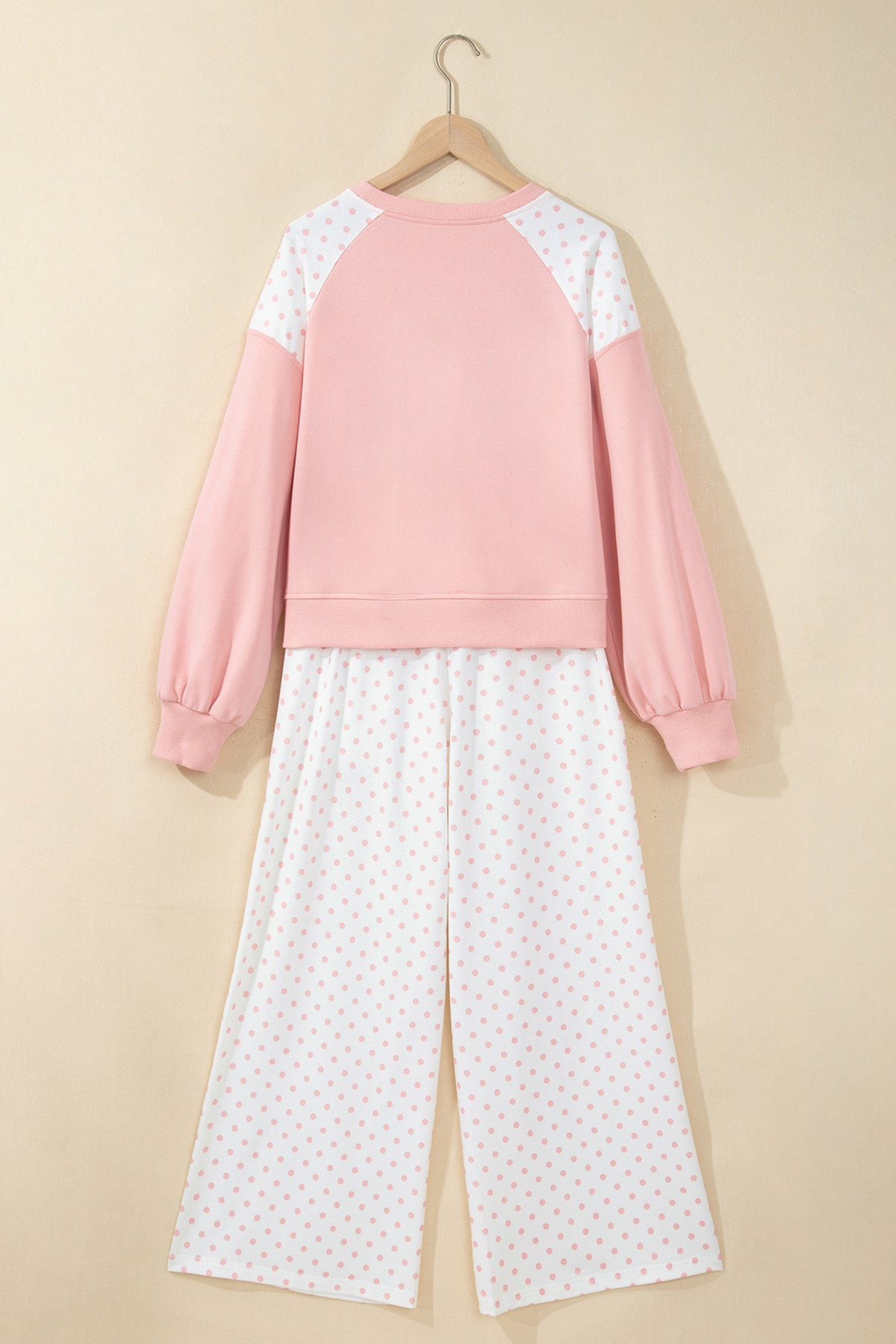Pink Polka Dot Patchwork Colorblock Long Sleeve Casual Two Piece Pants Set