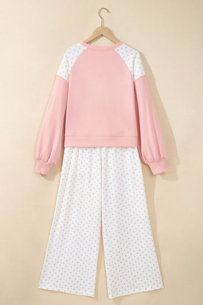 Pink Polka Dot Patchwork Colorblock Long Sleeve Casual Two Piece Pants Set