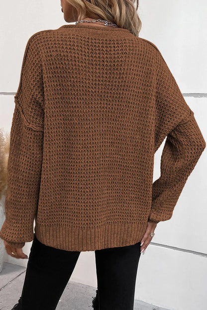 Coffee Pointelle Knit Button V Neck Drop Shoulder Sweater - Chic Meadow Boutique 