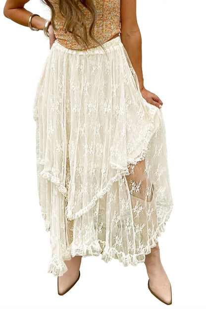 Beige Lace Cascading Tiered High Waist Maxi Skirt