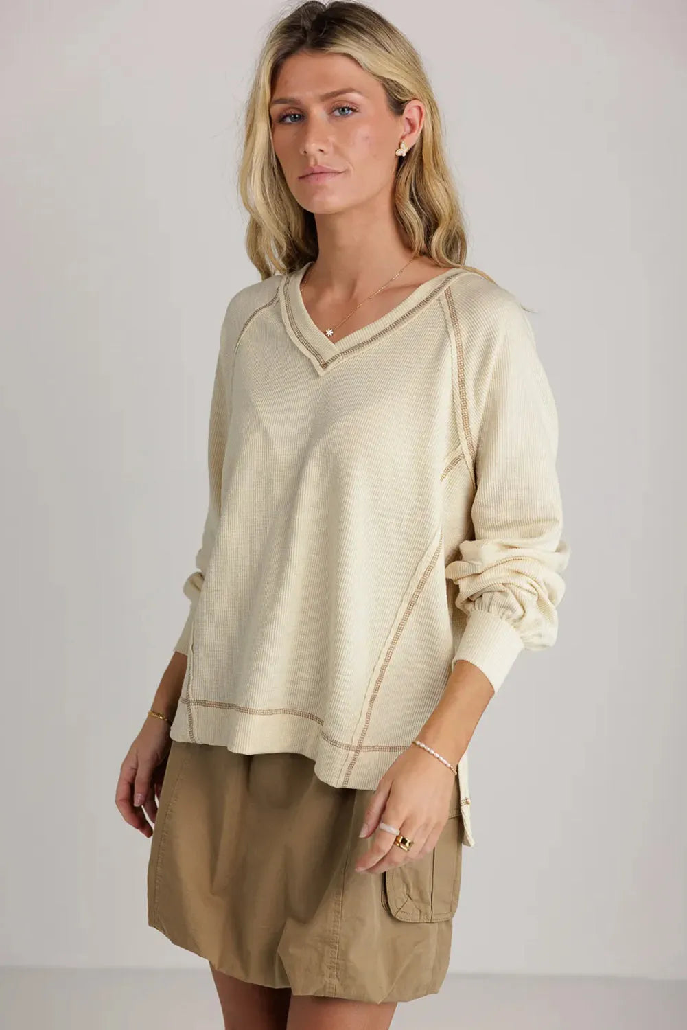 Beige Exposed Seam Textured Knit V Neck Pullover Top - Chic Meadow Boutique 