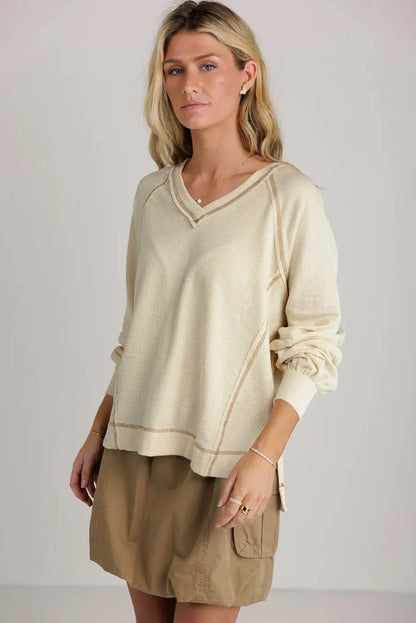 Beige Exposed Seam Textured Knit V Neck Pullover Top - Chic Meadow Boutique 