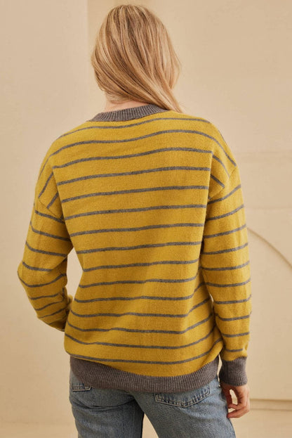 Sweaters & Cardigans/Sweaters Yellow Stripe Daisy Floral Knitted Round Neck Sweater