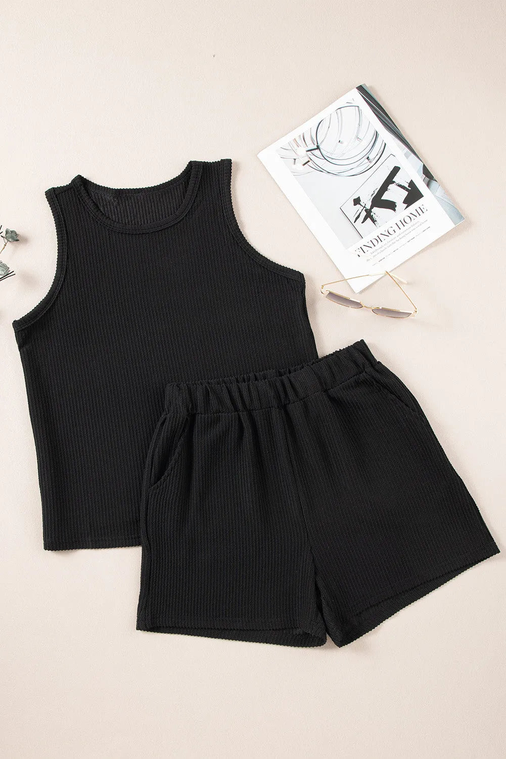 Black Corded Sleeveless Top and Pocketed Shorts Set - Chic Meadow Boutique 