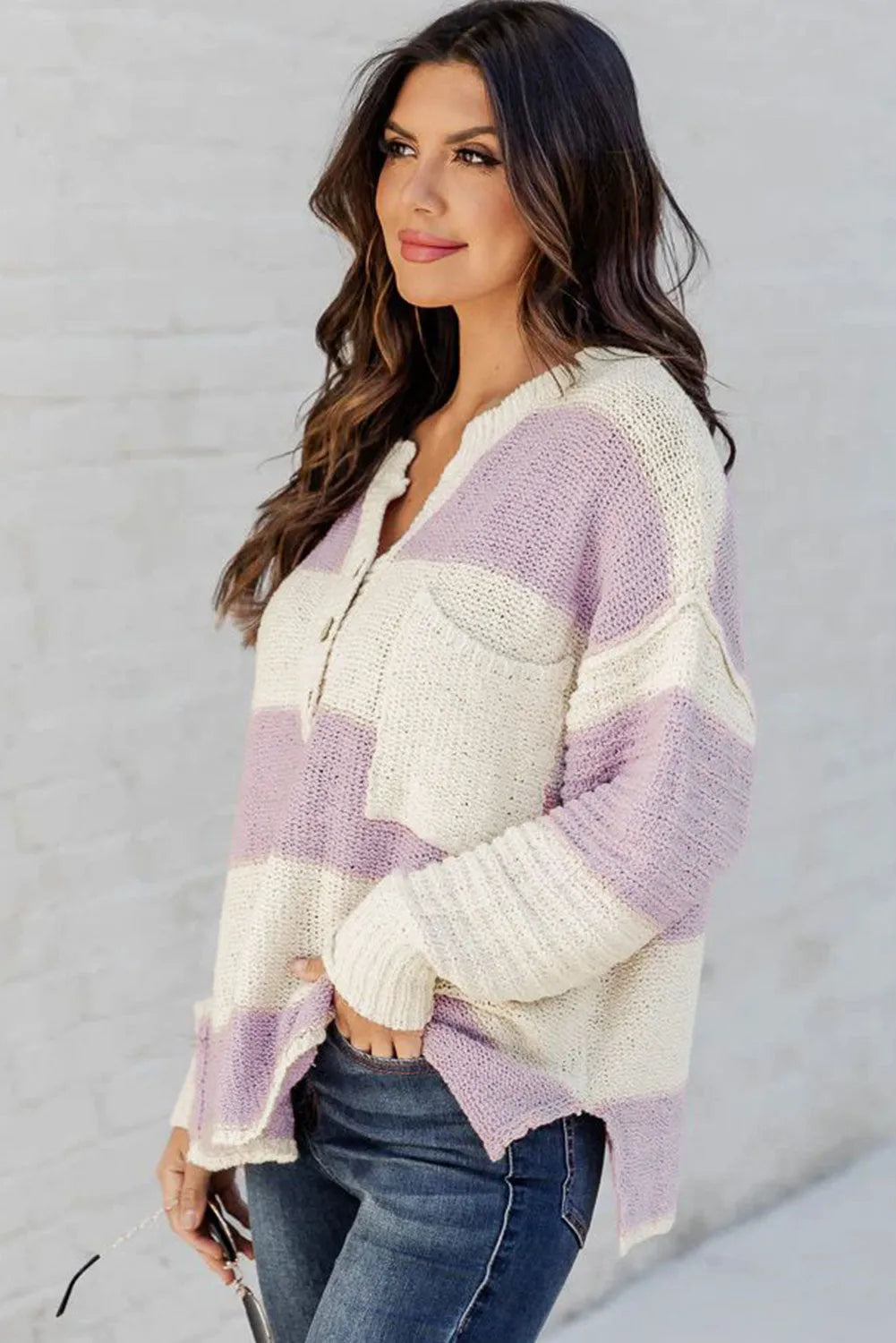 Pink Striped Knit Button Ribbed Split Neck Sweater - Chic Meadow Boutique 