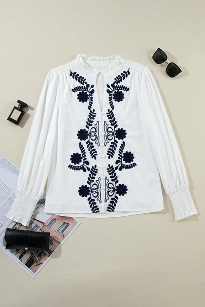 White Floral Embroidered Shirred Sleeve Elegant Shirt - Chic Meadow Boutique 