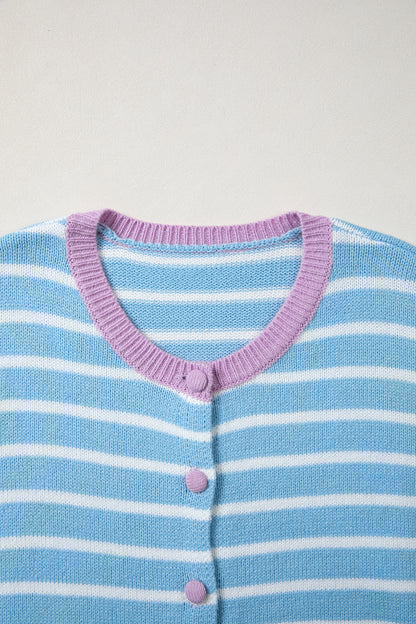 Sky Blue Stripe Striped Long Sleeve Round Neck Casual Open Front Cardigan