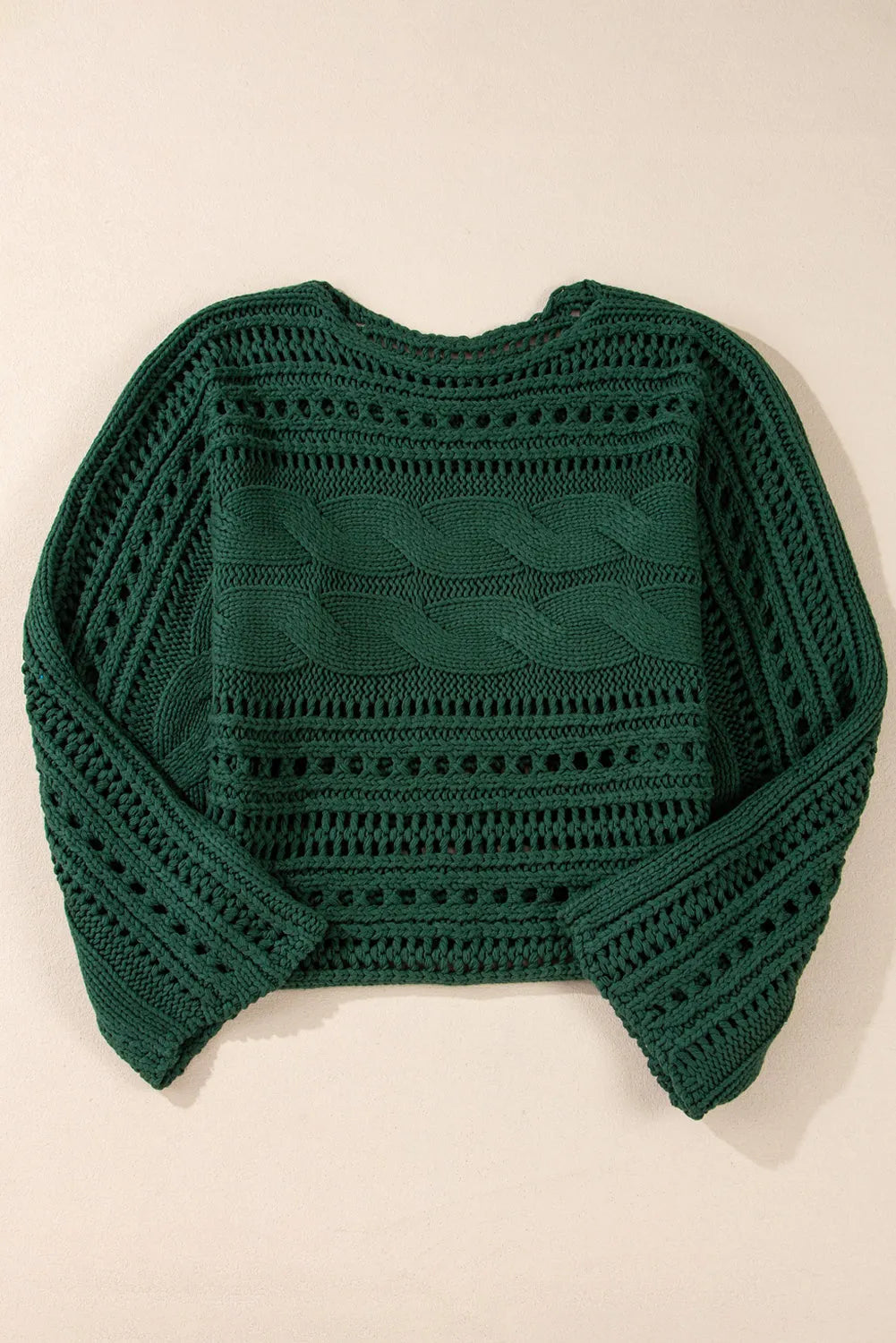 Blackish Green Hollow-out Cable Knit Cropped Sweater - Chic Meadow Boutique 