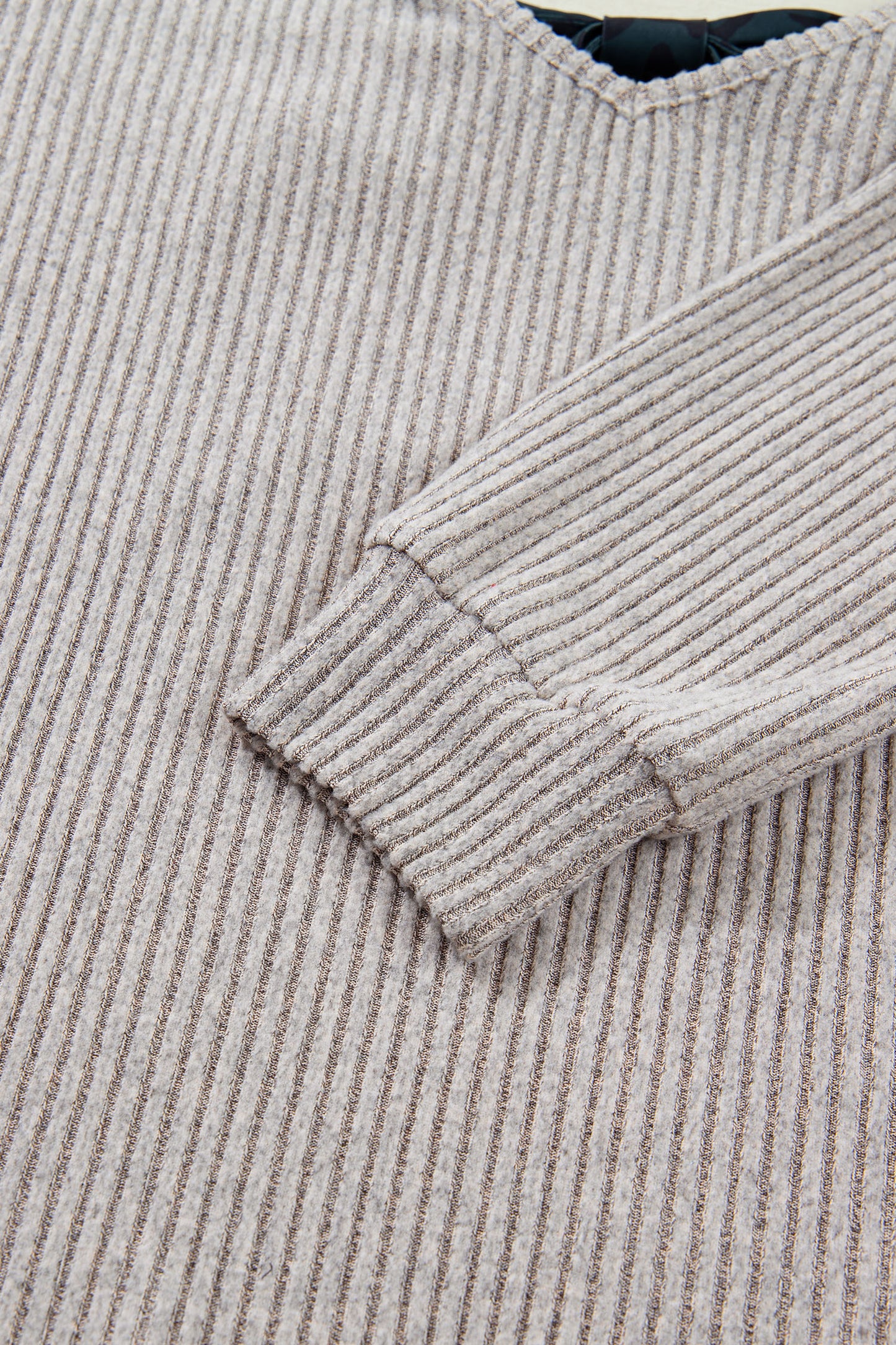 Simply Taupe Ribbed V Neck Contrast Ribbon Bow Back Drop Shoulder Long Sleeve Top