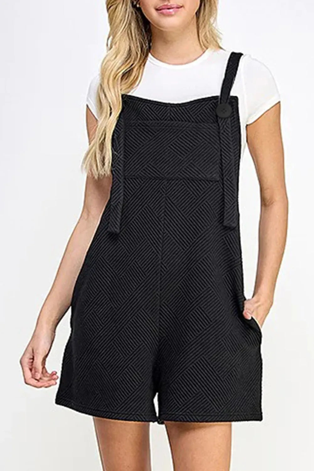 Black Adjustable Straps Textured Romper - Chic Meadow Boutique 