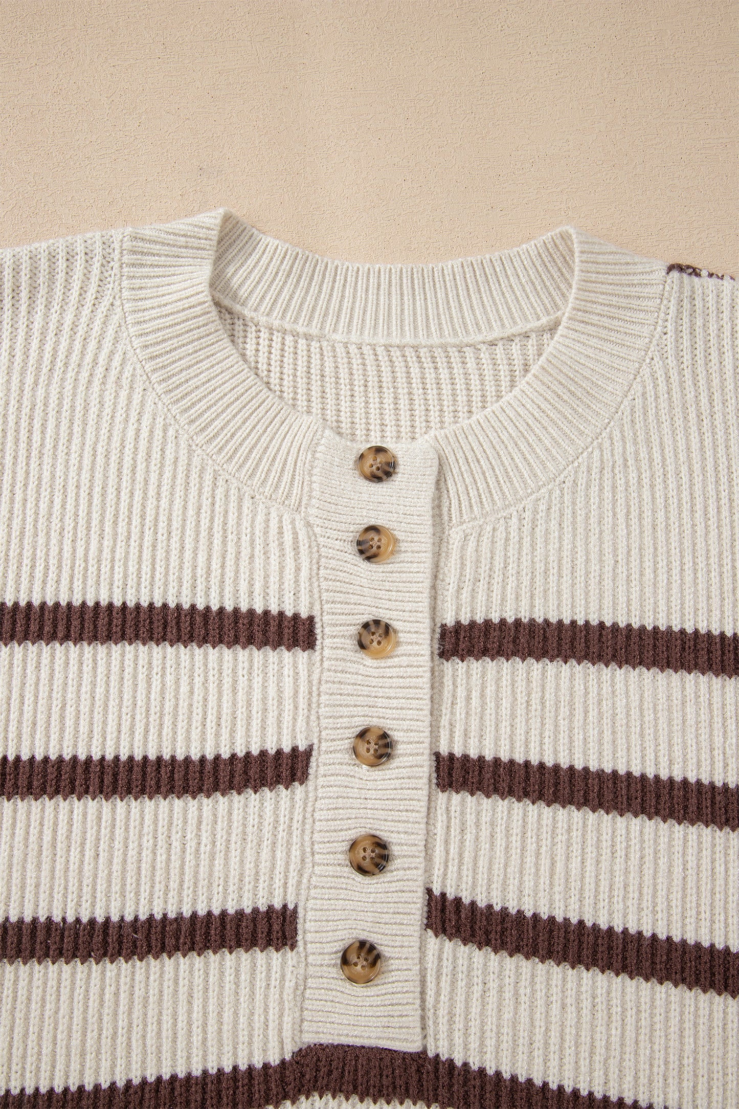 Brown Stripe Ribbed Henley Drop Shoulder Slouchy Sweater