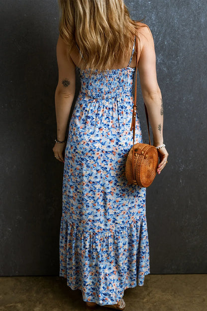 Sky Blue Floral Print Ruffled Ruched Maxi Dress - Chic Meadow Boutique 