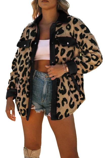 Black Contrast Trimmed Leopard Teddy Shacket - Chic Meadow Boutique 