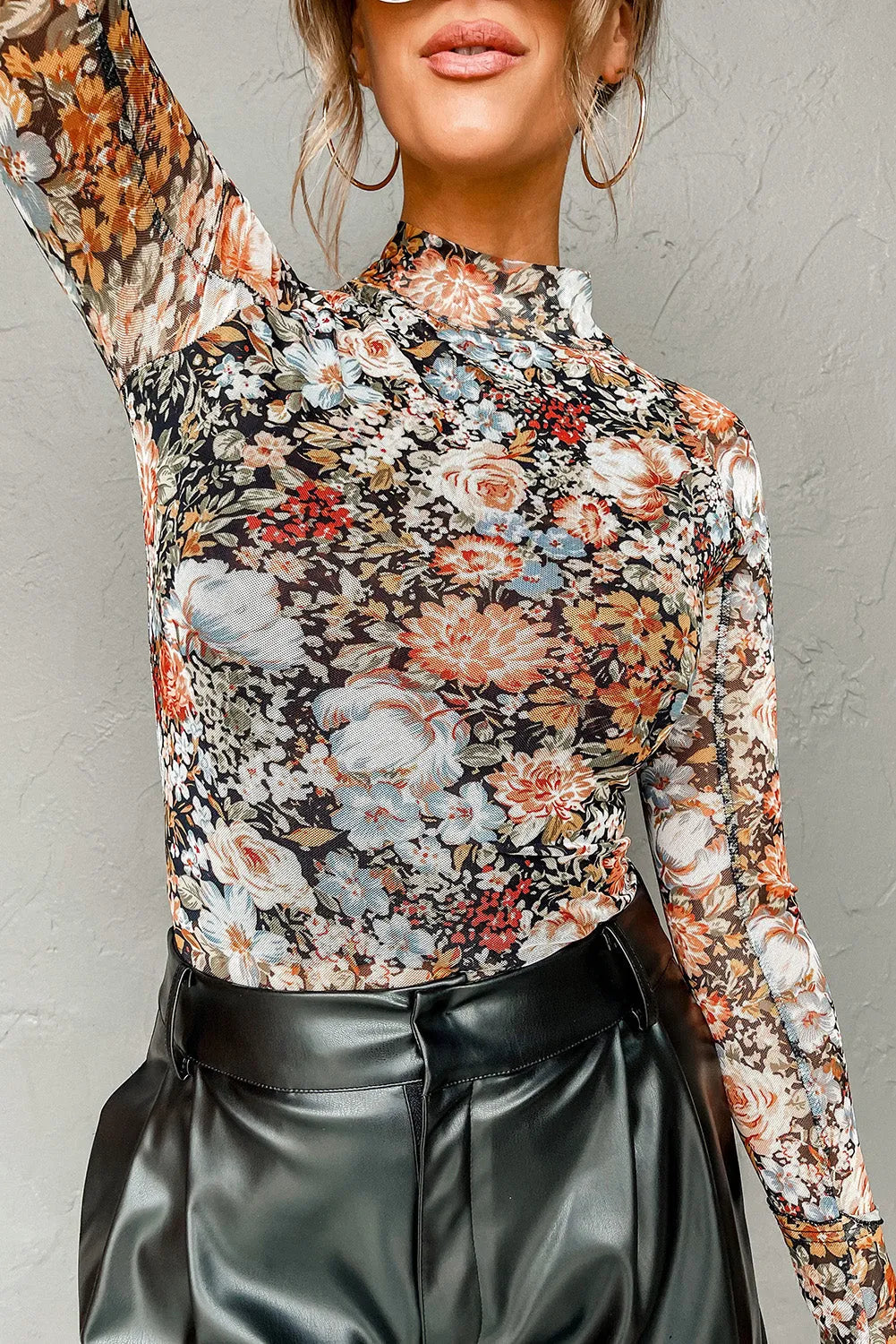 Brown Floral Long Sleeve High Neck Sheath Mesh Blouse - Chic Meadow Boutique 