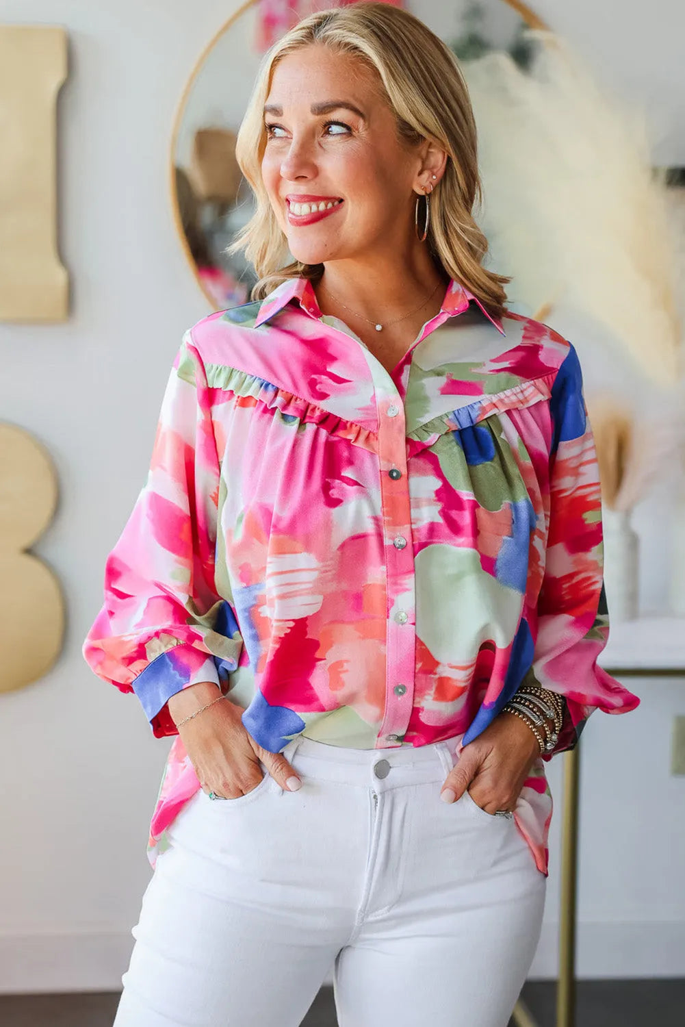 Multicolour Abstract Printed Lantern Sleeve Frilled Button Front Collared Shirt - Chic Meadow Boutique 