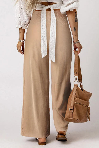 Bottoms/Pants & Culotte Khaki Smocked Wide Waistband High Waist Wide Leg Pants