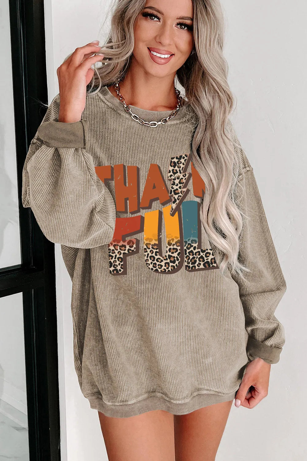 Khaki Leopard THANKFUL Graphic Corded Thanksgiving Sweatshirt - Chic Meadow Boutique 