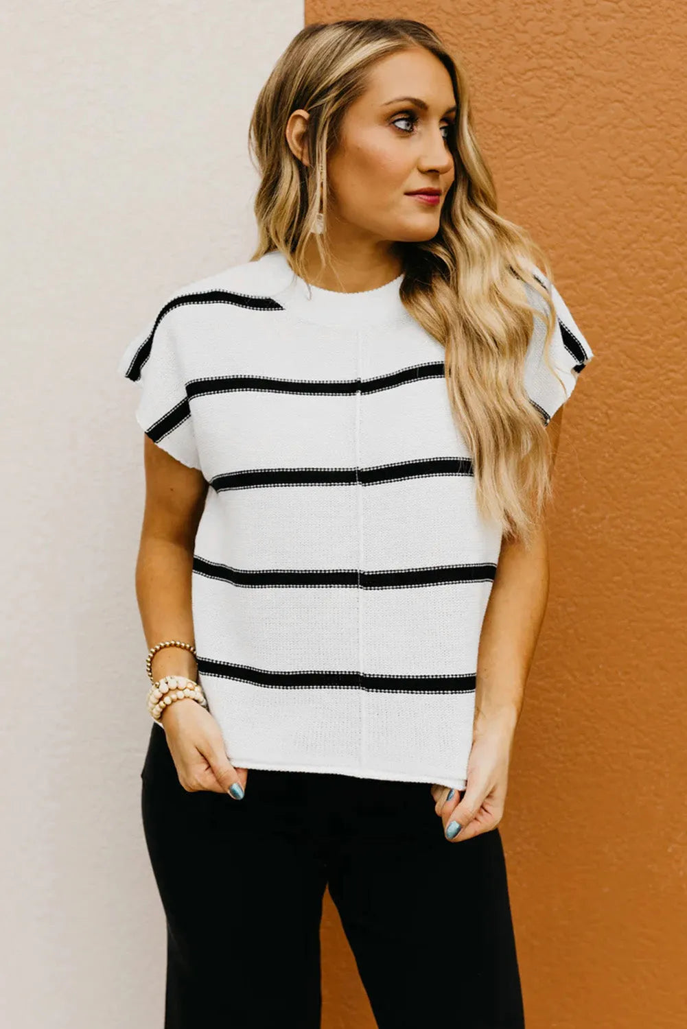 White Striped Batwing Sleeve Sweater Tee - Chic Meadow Boutique 