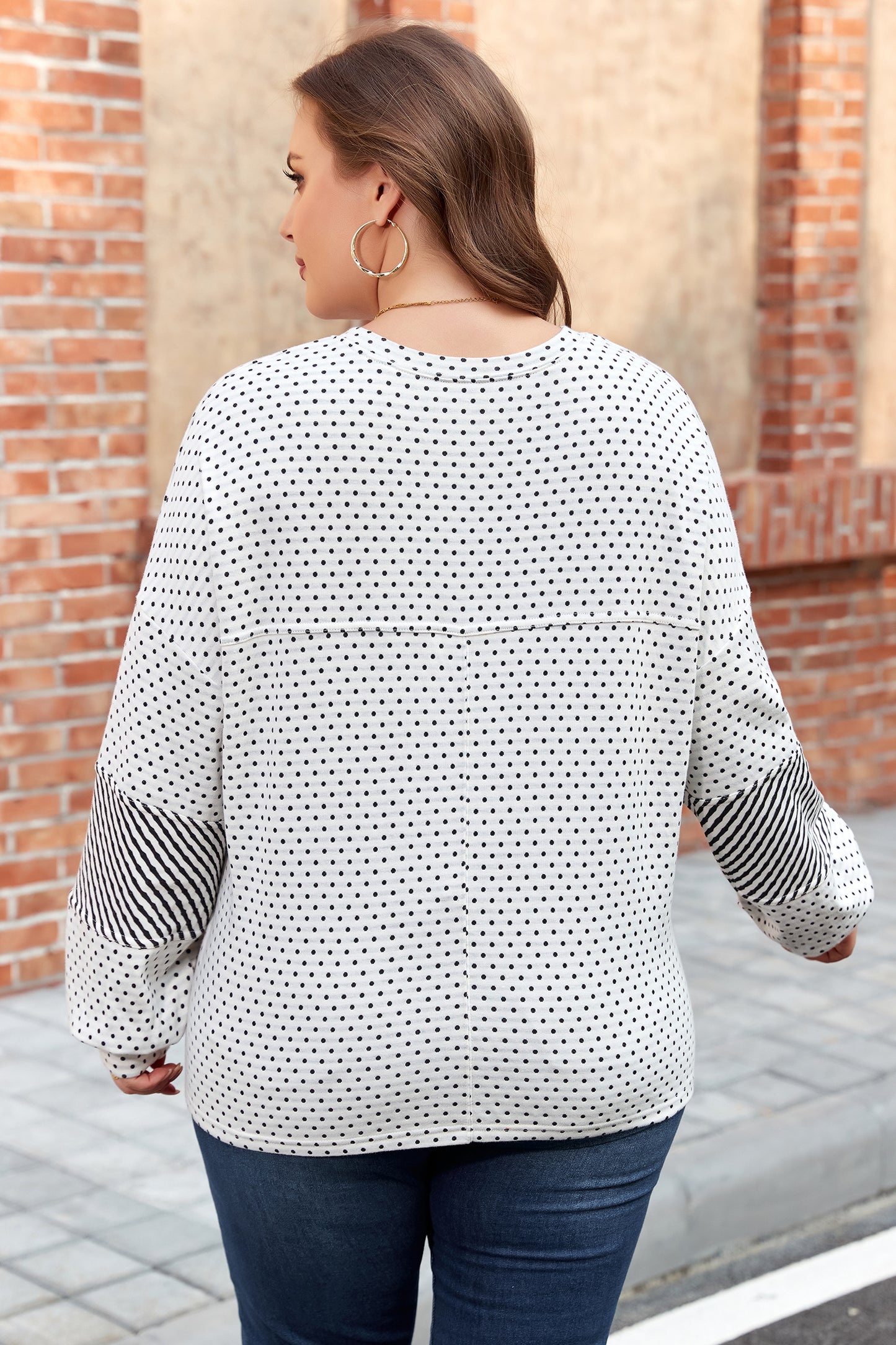 Beige Plus Size Dot Print Striped Patchwork Long Sleeve Henley Top