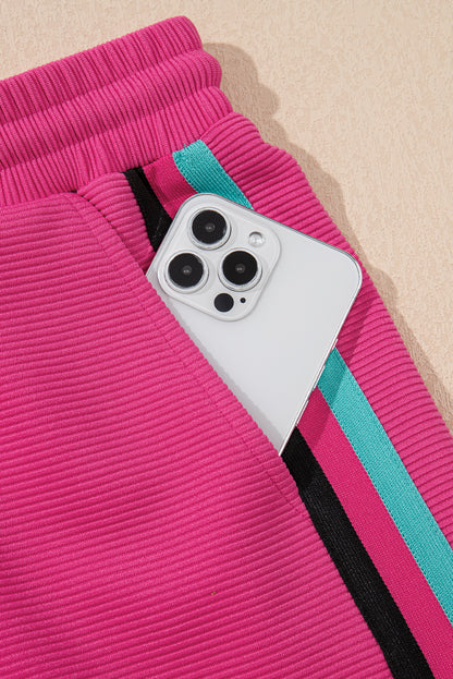 Strawberry Pink Striped Detail Flutter Sleeve Zipped Collar Short Set