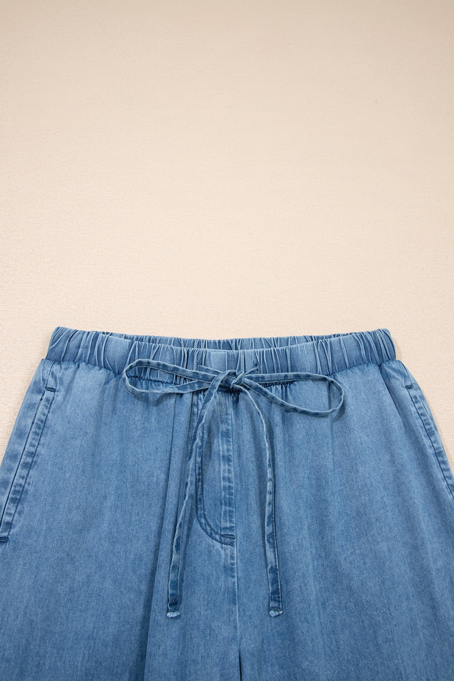 Dusk Blue Ruffled Hem Wide Leg Chambray Pants