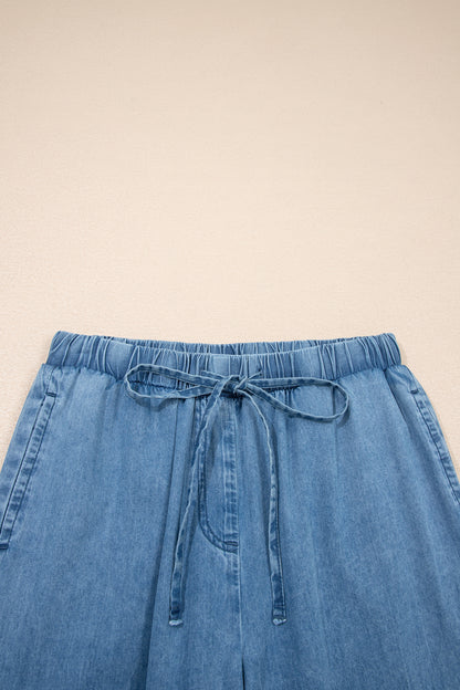 Dusk Blue Ruffled Hem Wide Leg Chambray Pants