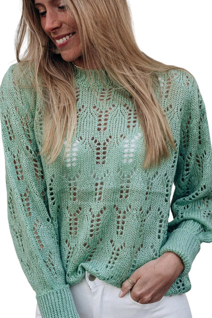 Green Sheer Knitted Pointelle Sweater - Chic Meadow Boutique 