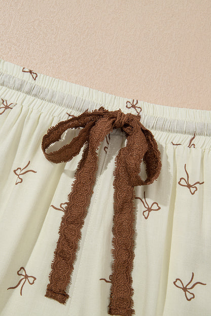 White Bow Print Lace Drawstring Casual Shorts