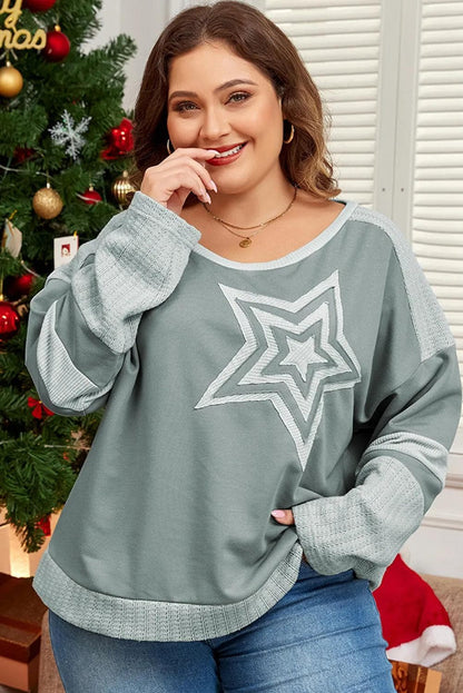 Plus Size/Plus Size Tops/Plus Size Long Sleeve Tops Mist Green / 1X / 65%Polyester+35%Cotton Mist Green Stars Patchwork Round Neck Plus Size T Shirt