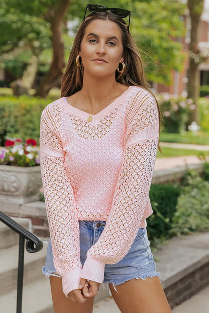 Pink Loose Pointelle Knit Ribbed V Neck Sweater - Chic Meadow Boutique 