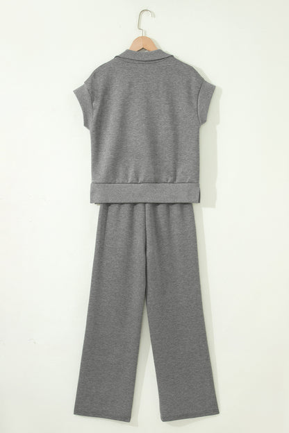 Gray Half Zip Polo Tee Casual Pant Set