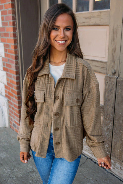 Dark Khaki Textured Chest Pocket Button-up Shacket - Chic Meadow Boutique 