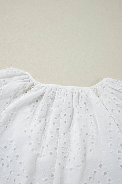 White Eyelet Embroidered V Neck Puff Sleeve Blouse - Chic Meadow Boutique 