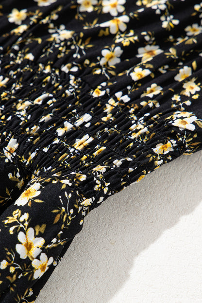 Black Floral Print Wrap V Neck Short Sleeve High Waistband Mini Dress